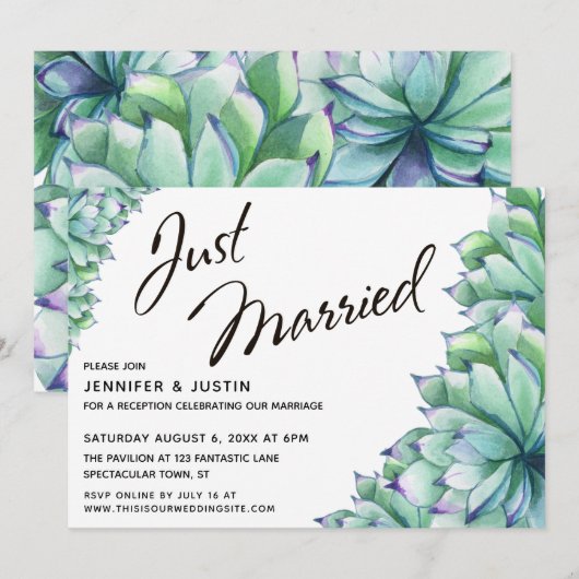 ウォーターカラーの多肉植物とモダンなタイポグラフィーが特徴の"Just Married"デザイン 招待状 (正面/裏面)
