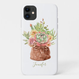 ウォーターカラーの多肉植物の花のボタニカルなオーダーメイドデザイン iPhone 11 ケース