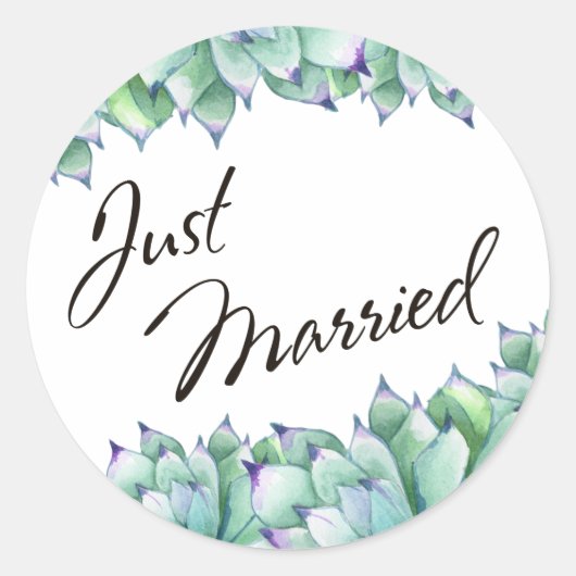 ウォーターカラーの多肉植物を使ったJust Marriedのタイポグラフィ ラウンドシール (正面)