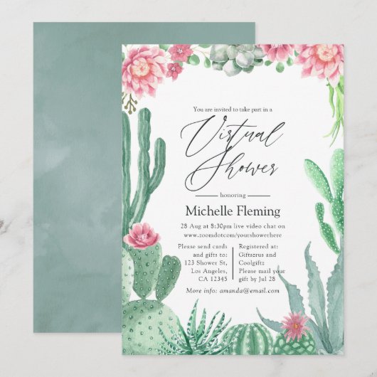 ウォーターカラーの多肉植物 バーチャルシャワー 招待状 (正面/裏面)
