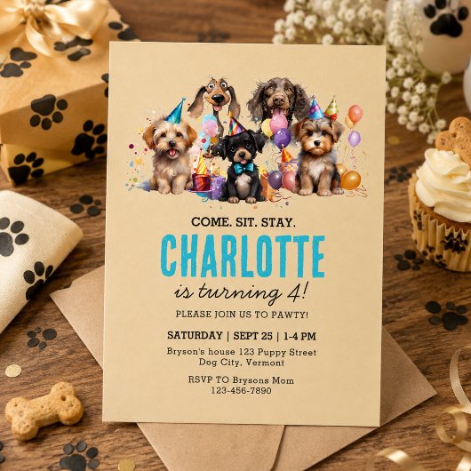 ウォーターカラーの子犬パーティー 誕生日グッズ 招待状
