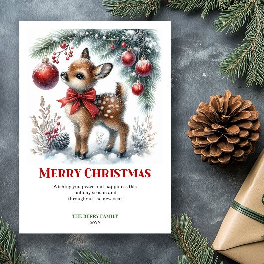 ウォーターカラーの子鹿のクリスマスシーン印刷可能 シーズンカード