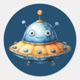ウォーターカラーの宇宙船 かわいいUFO ラウンドシール