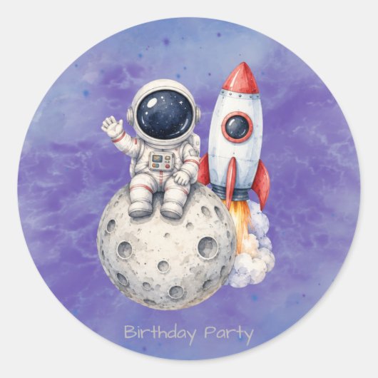 ウォーターカラーの宇宙飛行士 宇宙の誕生日パーティー ラウンドシール (正面)