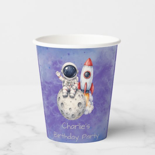 ウォーターカラーの宇宙飛行士 宇宙の誕生日パーティー 紙コップ (正面)