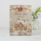 ウォーターカラーの居心地の良いクリスマスコテージの感謝カード サンキューカード (スタンド正面)