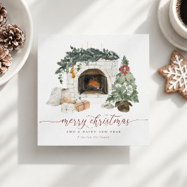 ウォーターカラーの居心地の良い暖炉のクリスマスカード シーズンカード