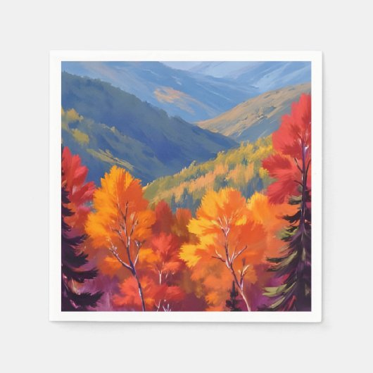 ウォーターカラーの山の景色 紅葉 スタンダードカクテルナプキン (正面)