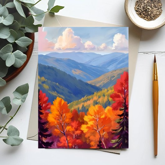 ウォーターカラーの山の景色 紅葉 ポストカード
