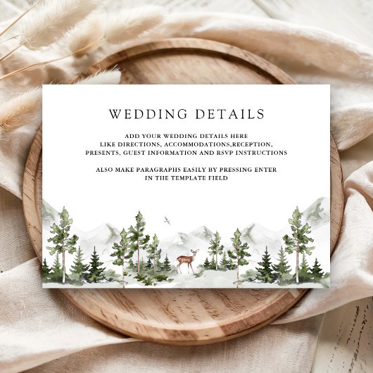 ウォーターカラーの山の森の鹿の結婚式の詳細 エンクロージャーカード