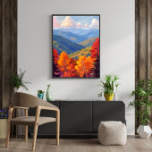 ウォーターカラーの山の風景 秋の紅葉 ポスター