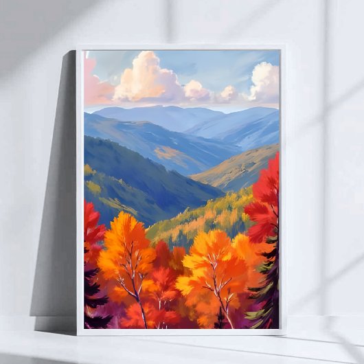 ウォーターカラーの山の風景 秋の紅葉 ポスター