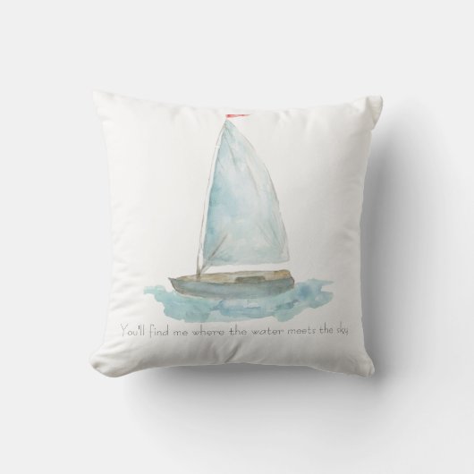 ウォーターカラーの帆船 Coastal Sailboat クッション (正面)