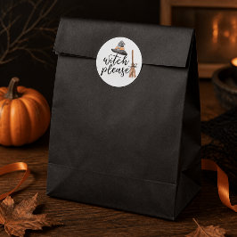 ウォーターカラーの帽子と箒のハロウィーン「Witch Please」デザイン ラウンドシール