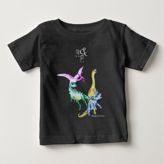 ウォーターカラーの恐竜がはしゃいで吠える ベビーTシャツ (正面)