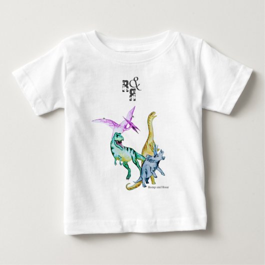 ウォーターカラーの恐竜がはしゃいで吠える ベビーTシャツ (正面)