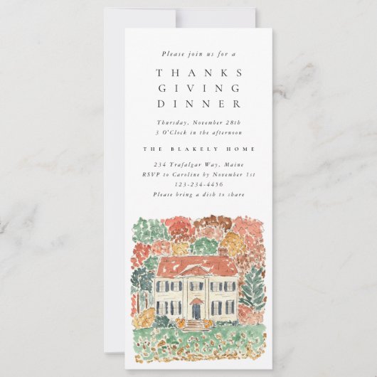 ウォーターカラーの感謝祭ディナー ジョージアンスタイルの家 招待状 (正面)