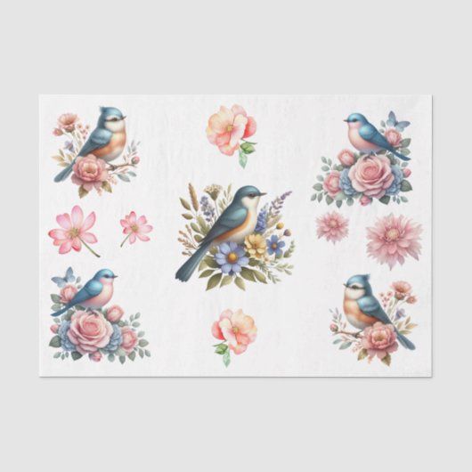 ウォーターカラーの春の花と鳥の要素 薄葉紙 (正面)