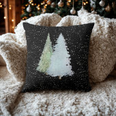 ウォーターカラーの松のクリスマスツリーと雪の結晶 クッション