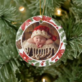ウォーターカラーの松の写真 赤ちゃんの最初のクリスマス セラミックオーナメント