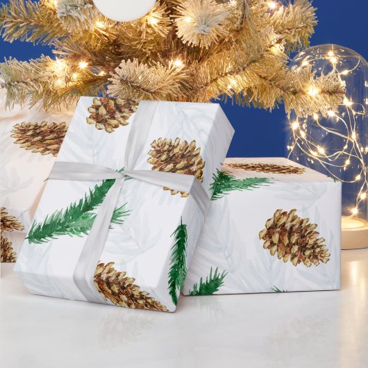 ウォーターカラーの松の枝と松ぼっくり クリスマス ラッピングペーパー (クリスマス)