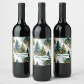 ウォーターカラーの松模様 高級感のある冬のデザイン ワインラベル (ボトル)