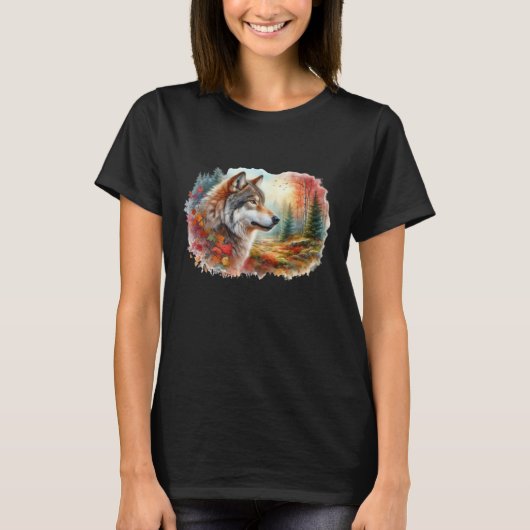 ウォーターカラーの森のオオカミ Tシャツ (正面)