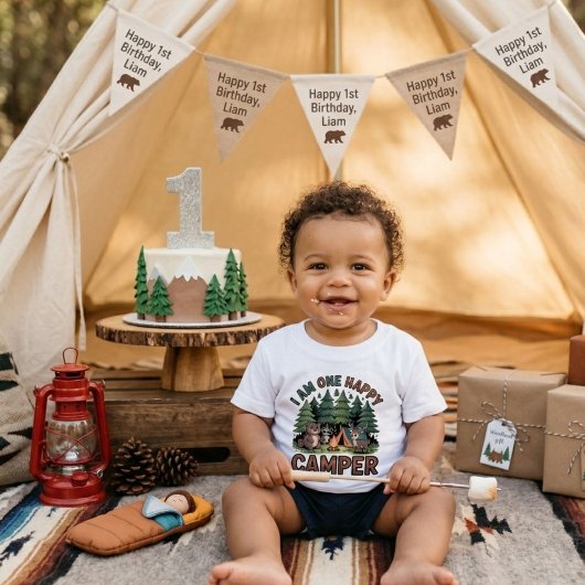 ウォーターカラーの森の動物 キャンパー 1歳の誕生日 ベビーTシャツ