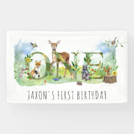 ウォーターカラーの森の動物 1歳の誕生日 横断幕