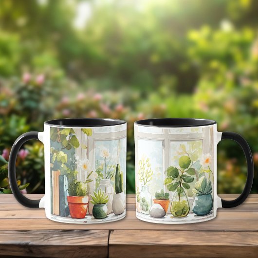 ウォーターカラーの植物イラストと多肉植物 コーヒーマグカップ