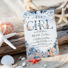 ウォーターカラーの海の中の「It's a Girl」ベビーシャワー 招待状