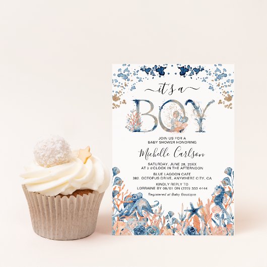 ウォーターカラーの海の中「It's a Boy」ベビーシャワー 招待状