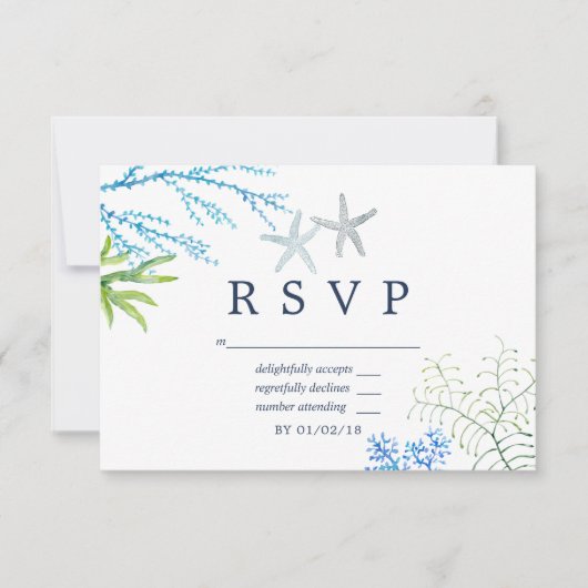 ウォーターカラーの海藻ビーチをテーマにした結婚式のRSVP 出欠カード (正面)