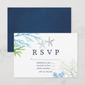 ウォーターカラーの海藻ビーチをテーマにした結婚式のRSVP 出欠カード (正面/裏面)