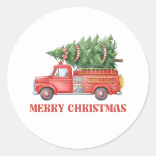 ウォーターカラーの消防士 クリスマスの消防車 ラウンドシール