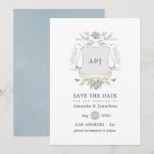 ウォーターカラーの湖畔の結婚式モノグラムクレスト セーブザデート (正面/裏面)