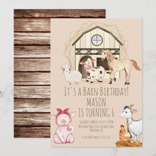 ウォーターカラーの牛舎動物ファームの誕生日 招待状 (正面/裏面)