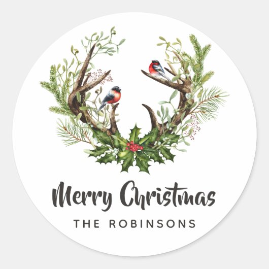 ウォーターカラーの牧歌的なトナカイ クリスマス ラウンドシール (正面)