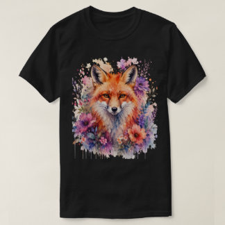ウォーターカラーの狐と花の自然芸術デザインがかわいい！ Tシャツ