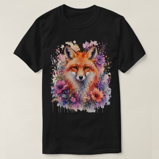 ウォーターカラーの狐と花の自然芸術デザインがかわいい！ Tシャツ (デザイン正面)