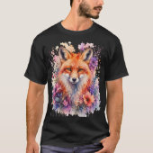 ウォーターカラーの狐と花の自然芸術デザインがかわいい！ Tシャツ (正面)