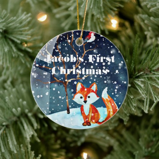 ウォーターカラーの狐の赤ちゃんの初めてのクリスマス オーナメント (ツリー)
