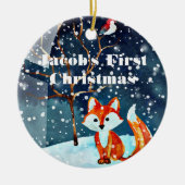 ウォーターカラーの狐の赤ちゃんの初めてのクリスマス オーナメント (正面)
