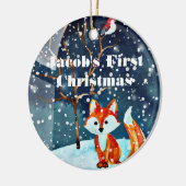 ウォーターカラーの狐の赤ちゃんの初めてのクリスマス オーナメント (左)