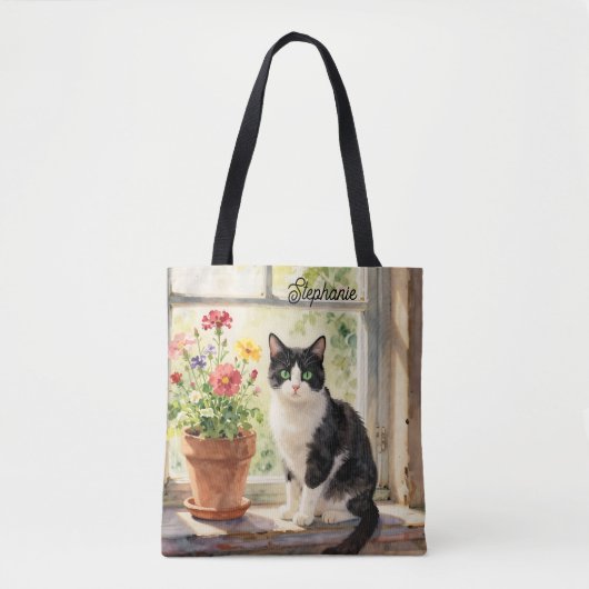 ウォーターカラーの猫と窓辺の花々   トートバッグ (正面)