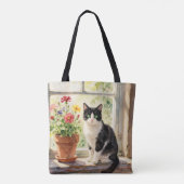 ウォーターカラーの猫と窓辺の花々   トートバッグ (裏面)