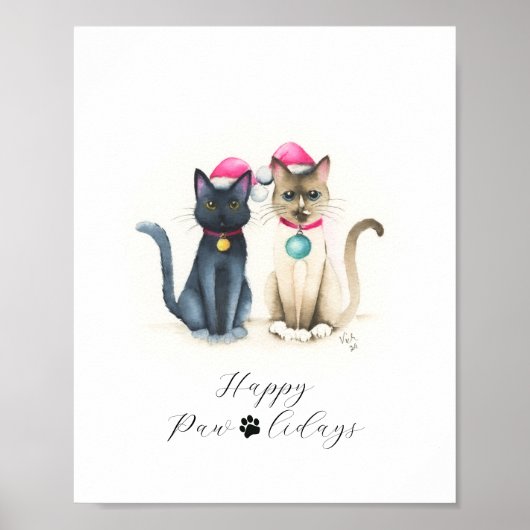 ウォーターカラーの猫のクリスマスポスター ポスター (正面)