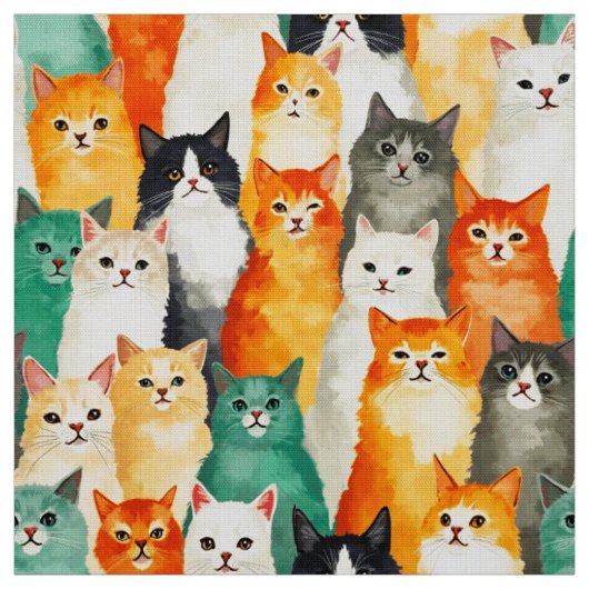 ウォーターカラーの猫のコラージュパターン ファブリック (見本)