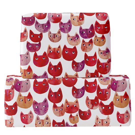 ウォーターカラーの猫アート 赤 ピンク 紫 ラッピングペーパー