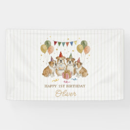 ウォーターカラーの男の子のお誕生日パーティー かわいい犬 横断幕